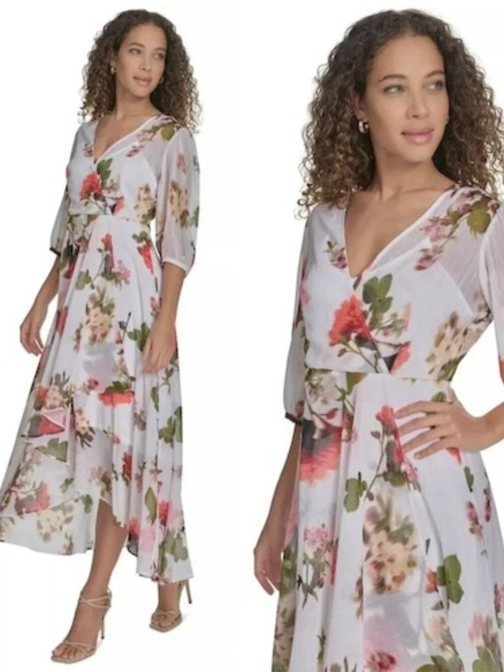Calvin Klein White Multi Floral Faux-wrap Chiffon High-low Dress